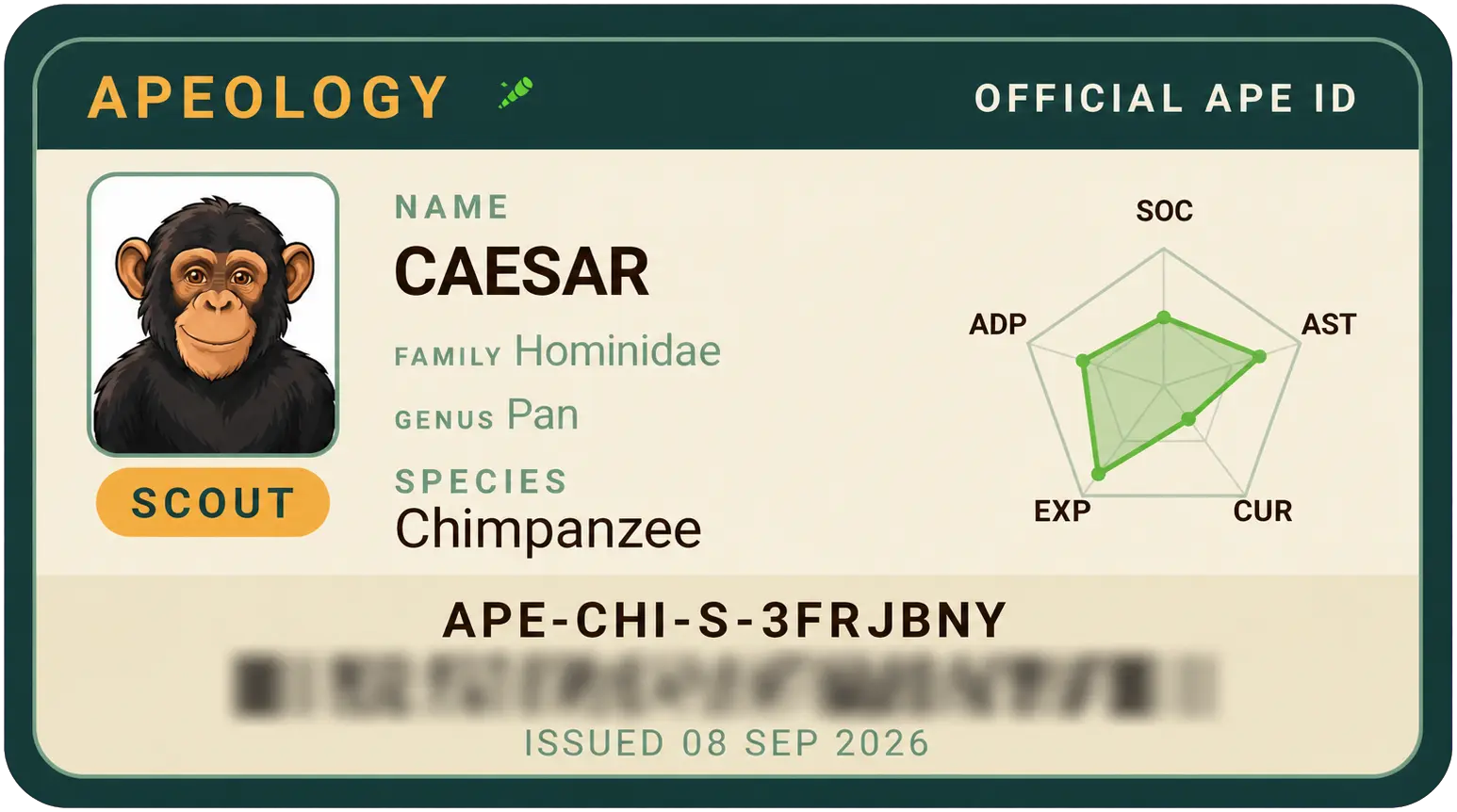 Front of Caesar's sample Apeology ID; the barcode is blurred